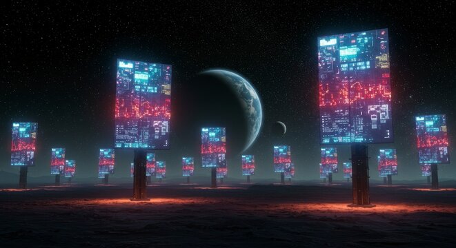 Futuristic billboards in space, glowing with data displays on an alien planet