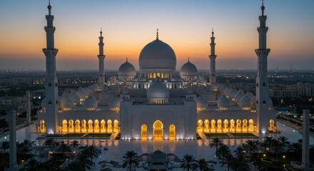 Fototapeta premium Grand mosque at dawn, illuminated, aerial view