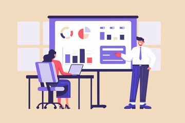 Business meeting with presentation of charts and graphs on screen