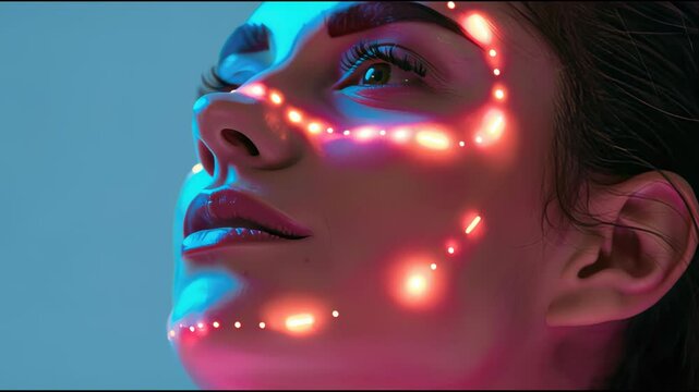 Futuristic LED skincare mapping illuminating a woman&rsquo;s face in a clinical setting, showcasing technology-driven beauty treatment and medical precision