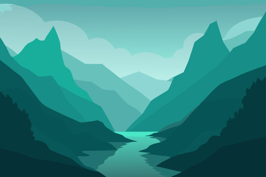 reen valley between towering misty  cliffs