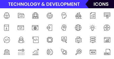 Technology & Development vector web line icon collection, sleek illustrations of coding, devices, AI, innovation for cutting-edge tech designs.