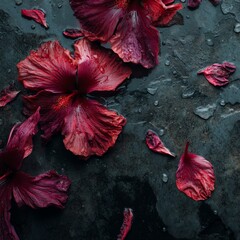 Vibrant red hibiscus petals on wet stone surface. Tropical flower in rainy season