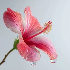 Delicate hibiscus flower with water droplets. Tropical flower in rainy season