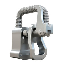 Isolated electric winch hook made of forged steel with safety latch, realistic lifting accessory on transparent background
