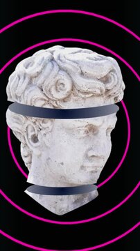 Animation of antique sculpture heads over neon circles and grid