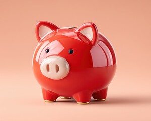 A shiny red piggy bank stands against a soft peach background ready to save