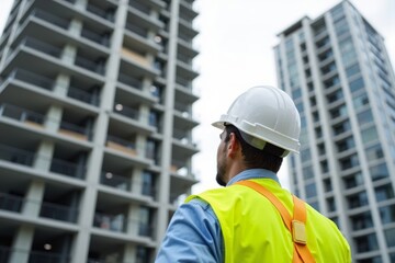 Inspector in Safety Gear Examines High-Rise Construction Site