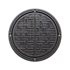 Isolated round cast iron manhole cover with textured surface, realistic utility lid on transparent background
