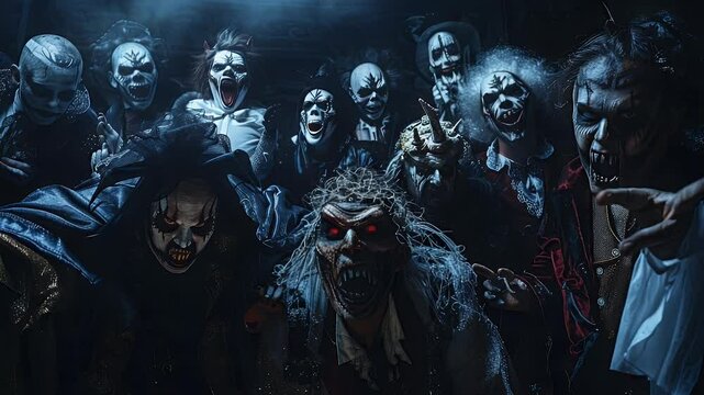 Creepy undead group with sinister glowing eyes and ghoulish faces gathered in a dark atmosphere of mystery and dread