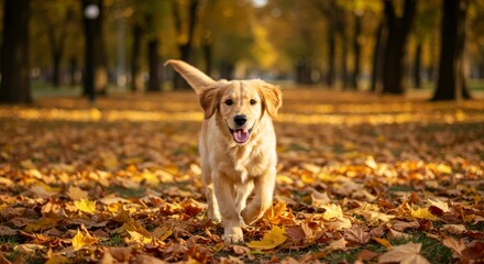 Golden Retriever in Autumn Leaves