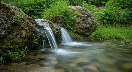 Serene waterfall cascading over rocks into a tranquil pool, surrounded by lush greenery
