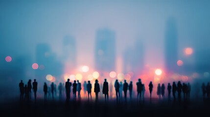 Fototapeta premium Blurry background of city. A large group of people standing against a silhouette light.
