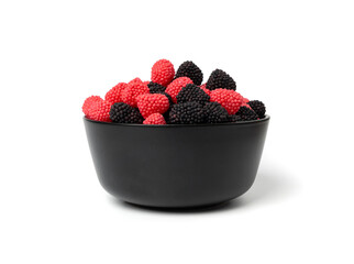 Gummy berries, chewy raspberries or jelly blackberries, gelatin candies fruit marmalade