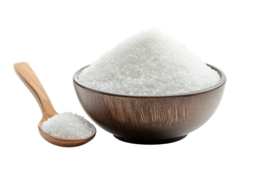 Sweet Granulated Sugar Heap in Bowl with Spoon on Isolated Black Background Still Life on transparent background