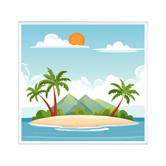 Obraz premium Tropical Paradise: A serene island oasis, a tranquil haven where azure waters embrace a sun-kissed beach, palm trees sway gently, and verdant hills rise in the distance under a bright sun.