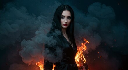 A woman with dark hair and red lipstick stands confidently amidst swirling smoke and vibrant flames