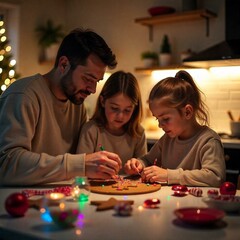A festive Christmas scene featuring a young family (Caucasian parents and two children) decorating gingerbread cookies at a kitchen counter. The counter is covered with colorful sprinkles, icing tubes