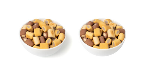 Filled dog biscuits, crackers isolated, soft crunchy pet treats pile, flavored small canine cookie