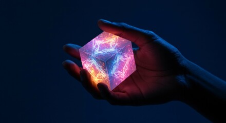 Glowing cube, vibrant energy swirls within, held gently in a hand against a dark backdrop