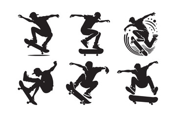 Set of A skateboarder performing a trick, Silhouette Vector icon, isolated on a white background