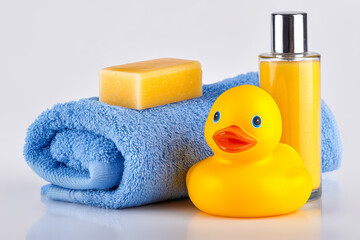 Bath essentials with a playful rubber duck and soap bar