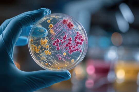 A gloved hand holds a petri dish showcasing a dazzling array of colorful bacteria, highlighting the beauty of microbiology in research
