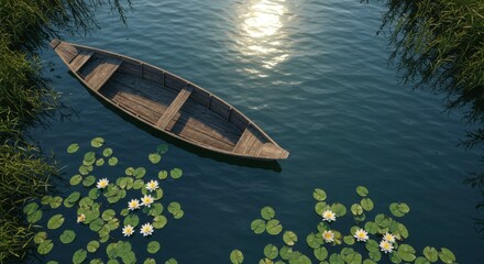 Aerial view of a wooden boat gracefully floating on a tranquil lake amidst lily pads and reeds
