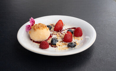 Fruit mochi rice cake, white daifuku, Japanese traditional dessert, round wagashi, asian candy