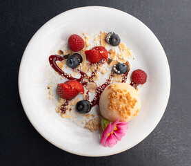 Fruit mochi rice cake, white daifuku, Japanese traditional dessert, round wagashi, asian candy