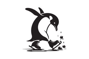  A penguin trying to ice skate but constantly slipping, isolated on a white background