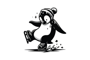  A penguin trying to ice skate but constantly slipping, isolated on a white background