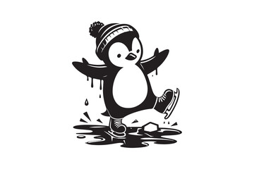  A penguin trying to ice skate but constantly slipping, isolated on a white background