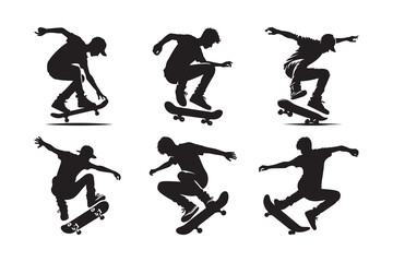 Set of A skateboarder performing a trick, Silhouette Vector icon, isolated on a white background