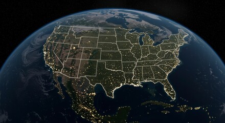 Night view of the USA from space, showing city lights
