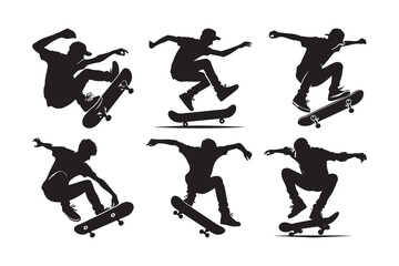 Set of A skateboarder performing a trick, Silhouette Vector icon, isolated on a white background
