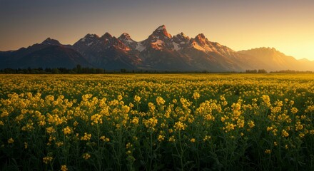 Vibrant yellow wildflowers blanket a field at sunset, majestic snow-capped mountains rise in the distance, creating a breathtaking panorama