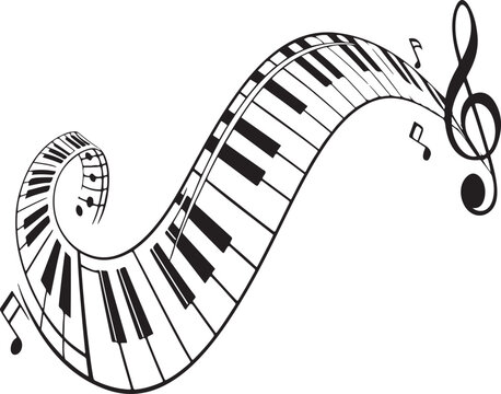 Flowing abstract musical design featuring piano keys treble clef and musical notes