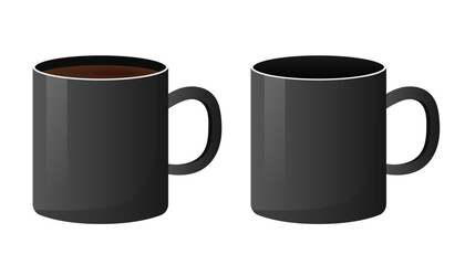 Two black ceramic mugs, one filled with coffee and one empty, vector eps10 illustration