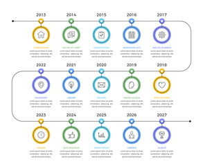 Timeline infographics template with 15 connected elements, vector eps10 illustration