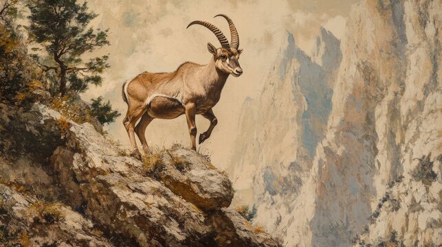 Majestic ibex on a rocky mountain peak.