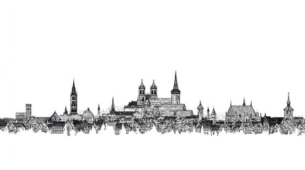 Minimal black and white line art of Nuremberg skyline with iconic historical landmarks.