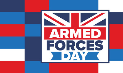 Armed Forces Day in United Kingdom. Great Britain flag. Veterans' and Memorial Day. Holiday to honoring the armed forces. British flag. Army Day. Creative art poster. Vector illustration