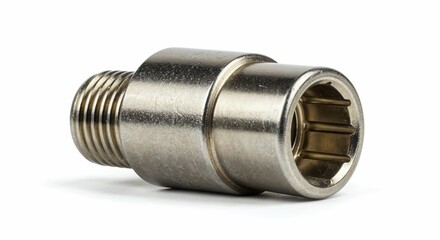 Metal socket cap isolated on pure white background, close-up, polished finish, threading detail