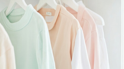 Light pastel clothes on rail, soft colors and minimal design background