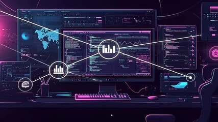 Futuristic digital workspace displaying data analytics and programming, with a world map and coding elements - Powered by Adobe
