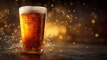 A refreshing glass of beer with splashes and golden bokeh in the background