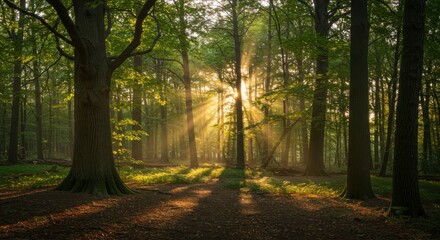 Obraz premium Sunbeams pierce a misty forest at dawn, illuminating the forest floor and creating a magical atmosphere