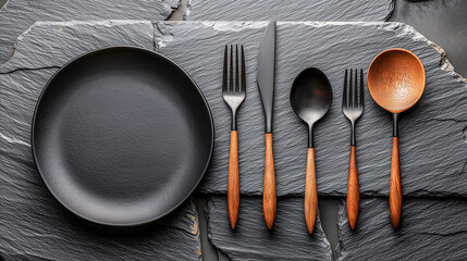 Elegant black plate and modern cutlery with wooden handles arranged on a textured slate surface