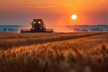 Obraz premium A combine harvester works efficiently as the sun sets, casting warm hues over expansive wheat fields in rural countryside